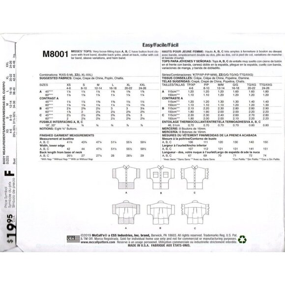 McCalls M8001 Misses XS to M Loose Casual Button Front Tops Uncut Sewing Pattern - Picture 2 of 2